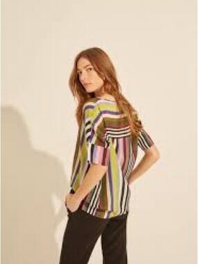 Gerard Darel 100 % Silk Multicolor Striped Short-Sleeve Top